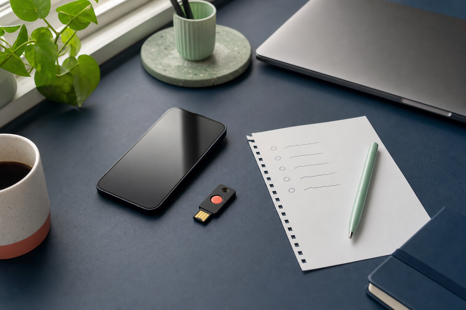 Smartphone, Sicherheitsschlüssel und handschriftliche Prüfliste auf einem nachtblauen Schreibtisch