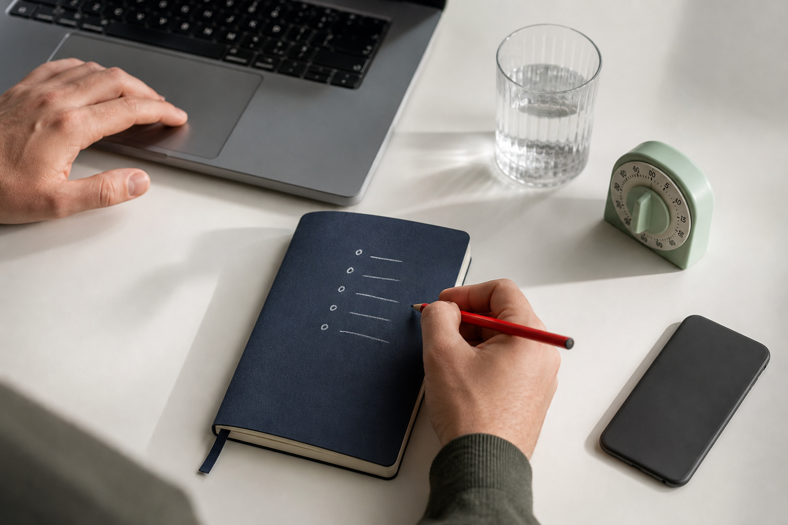 Hände bei konzentrierter Arbeit mit Laptop, Notizbuch, umgedrehtem Smartphone und Küchentimer