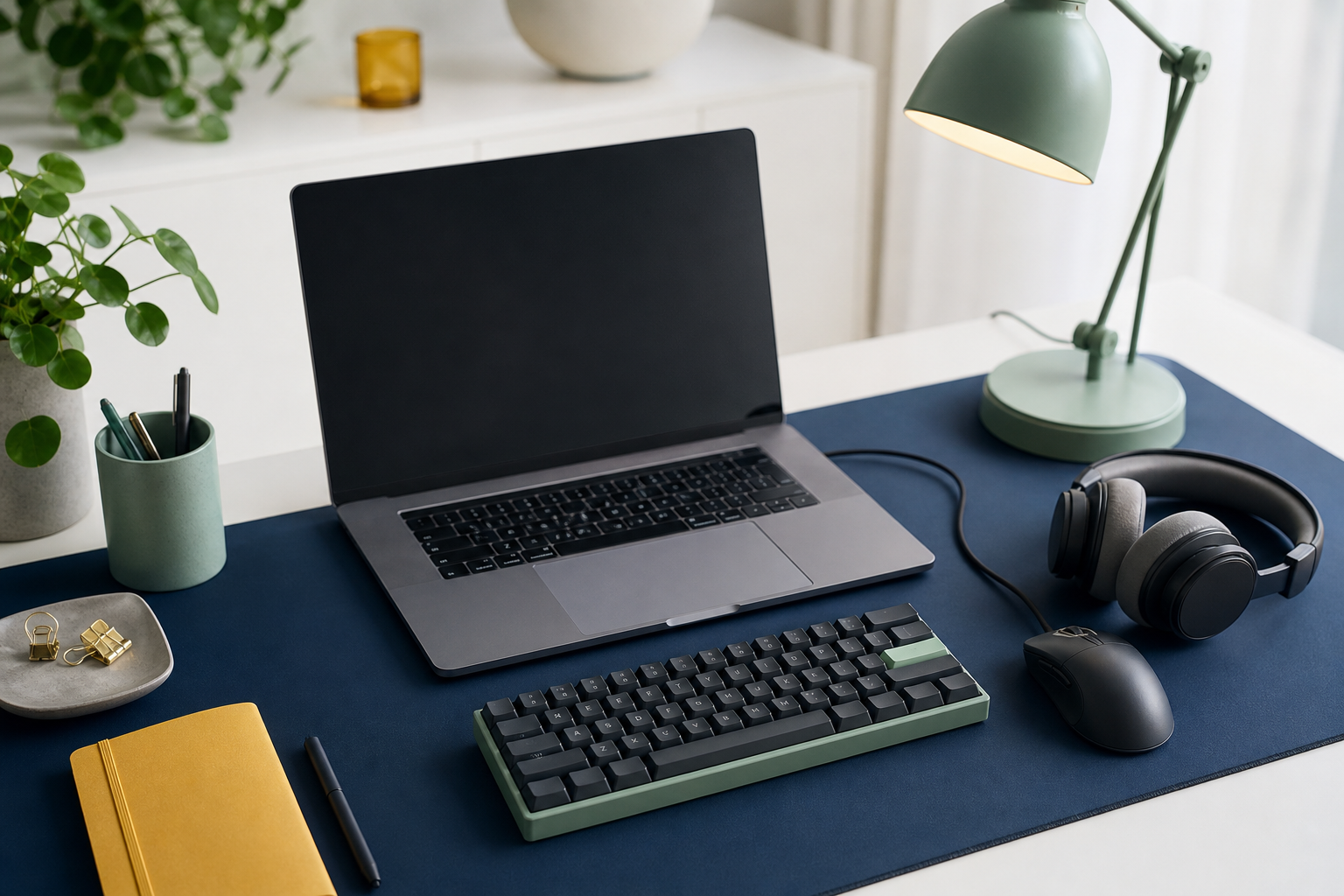 Laptop, Tastatur, Maus und Kopfhörer auf einem ordentlich eingerichteten Arbeitsplatz